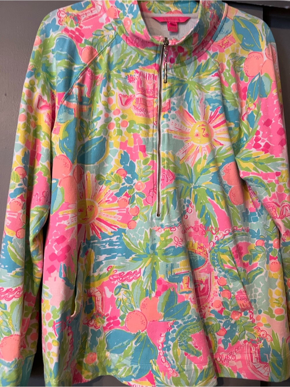 Lily Pulitzer Bright Floral Quarter-Zip Pullover Top - Pink & Teal - Picture 3 of 10